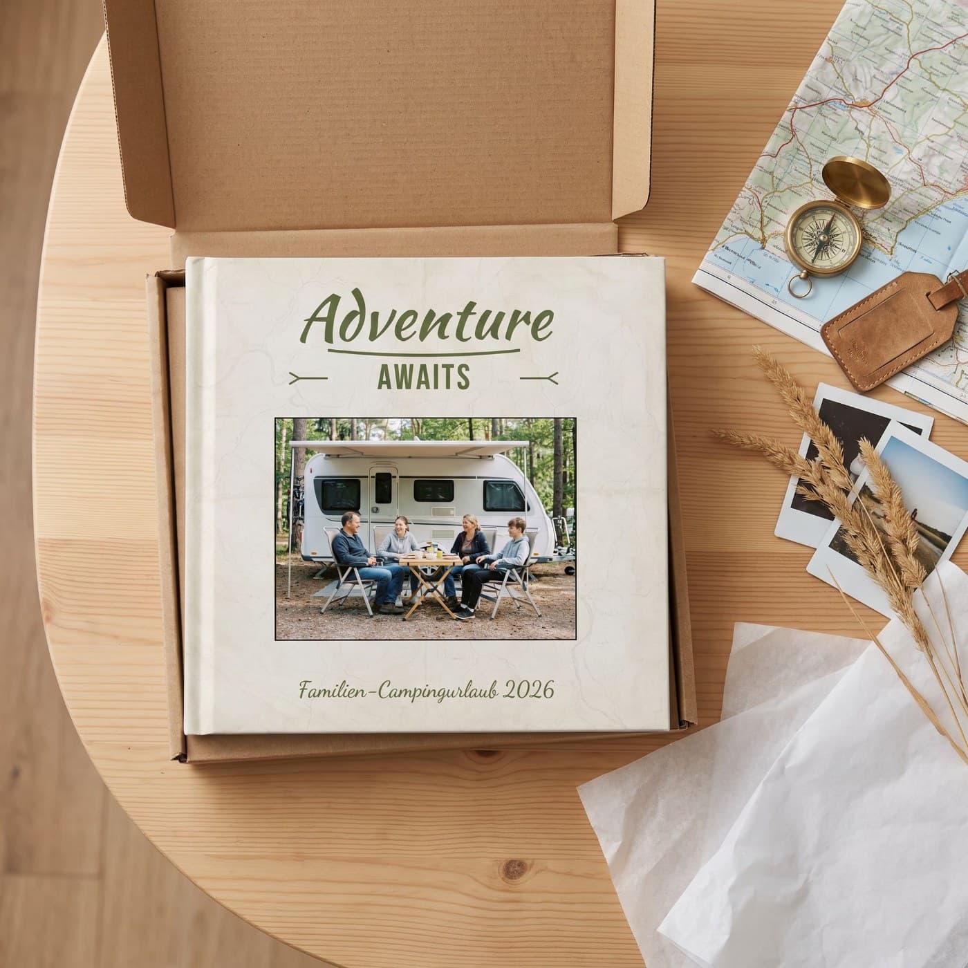 „Adventure Awaits" im geöffneten Versandkarton