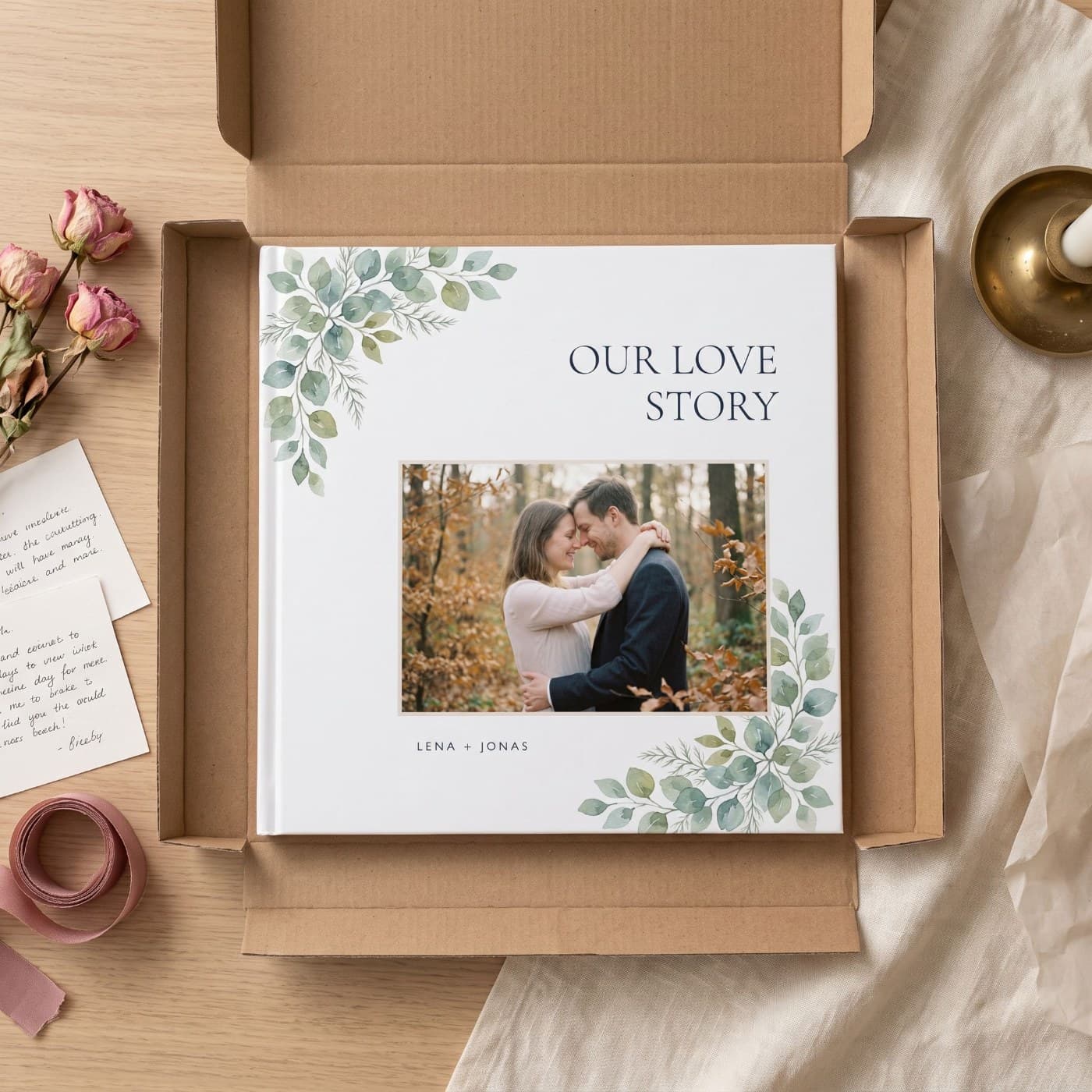 „Our Love Story" im geöffneten Versandkarton