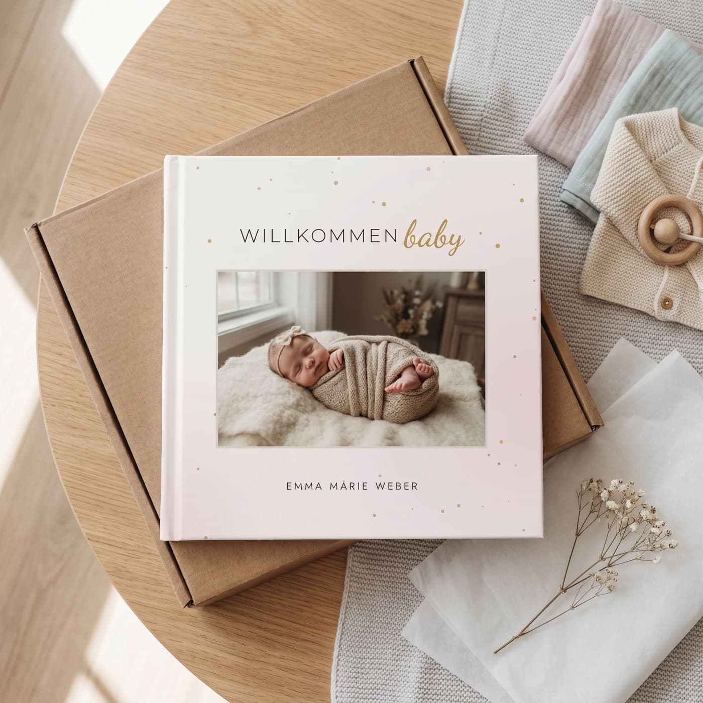 „Willkommen Baby" im geöffneten Versandkarton
