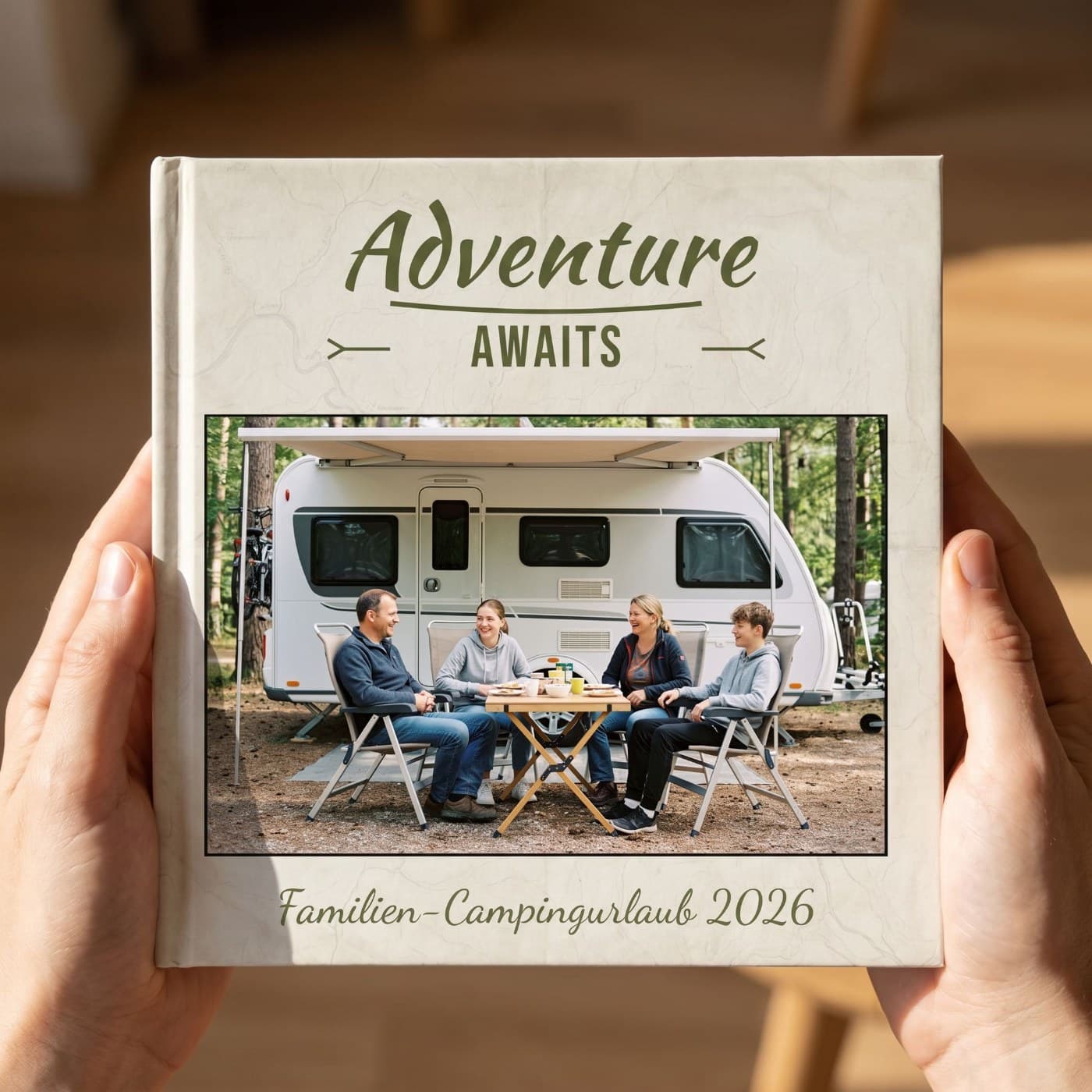 „Adventure Awaits" in zwei Händen, Nahaufnahme des Umschlags