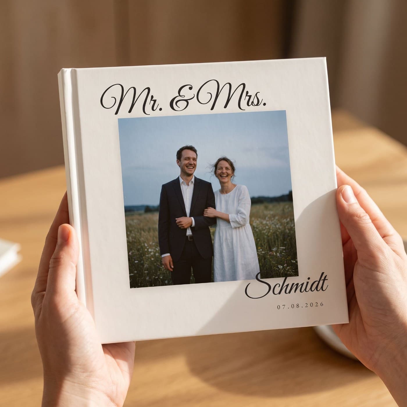 „Mr. & Mrs." in zwei Händen, Nahaufnahme des Umschlags