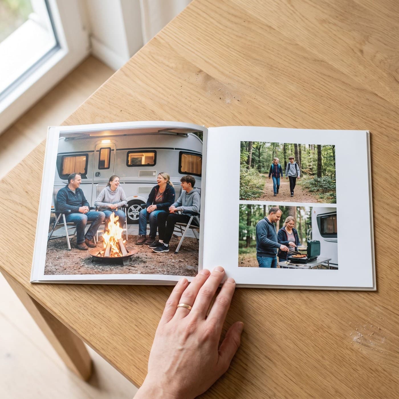 „Adventure Awaits" aufgeschlagen — fertiges Seitenlayout