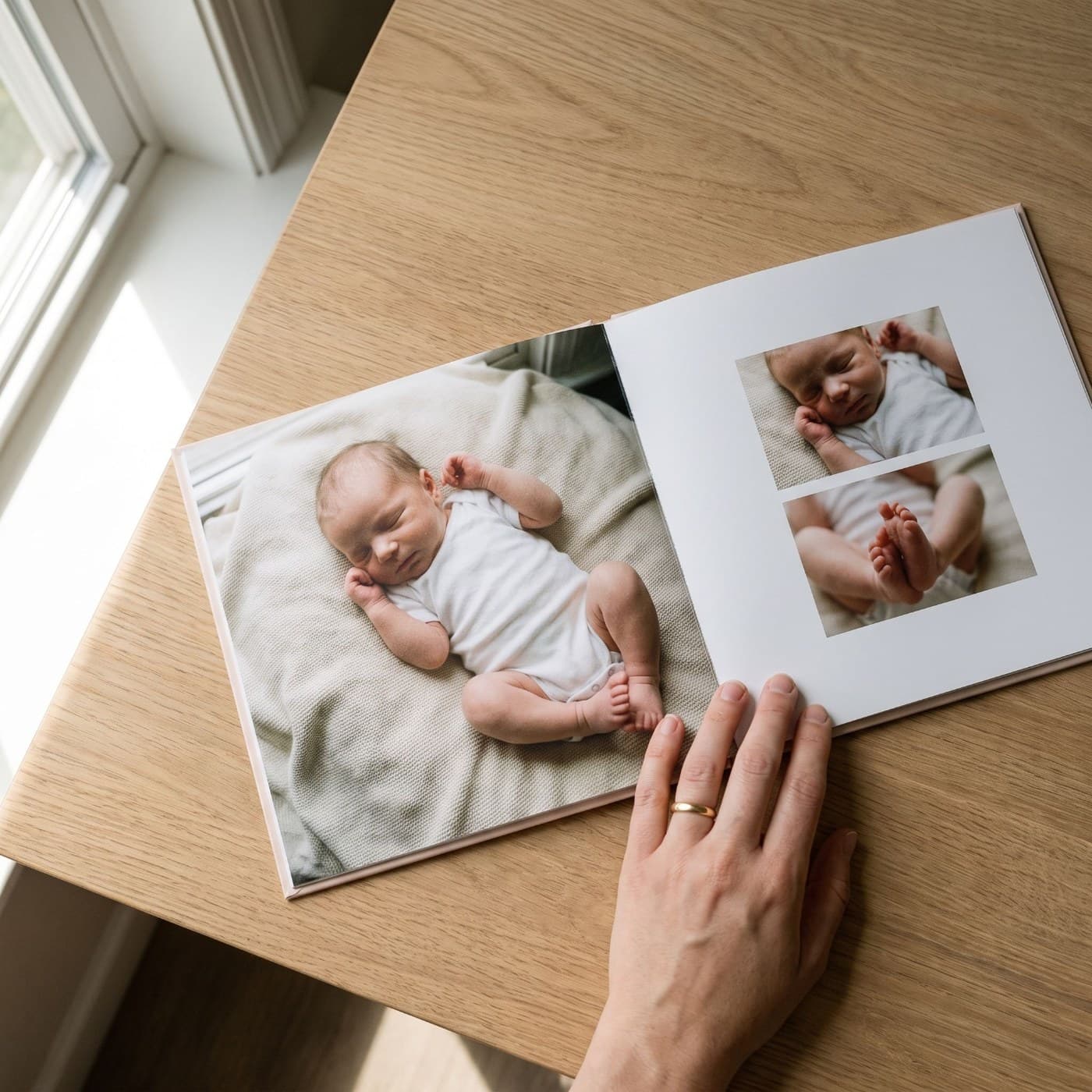 „Babyalbum Mädchen" aufgeschlagen — fertiges Seitenlayout