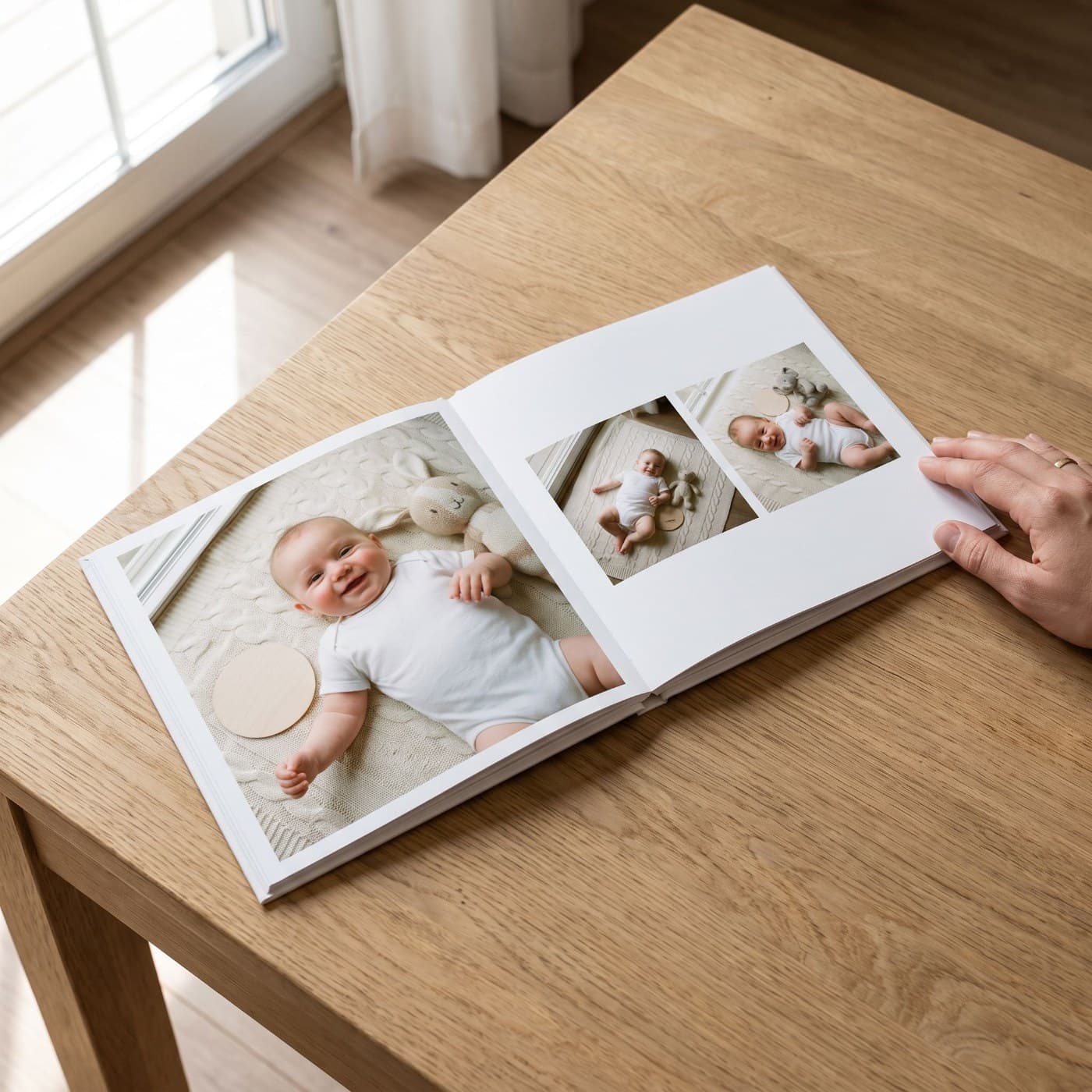 „Dein erstes Jahr (Polaroid)" aufgeschlagen — fertiges Seitenlayout