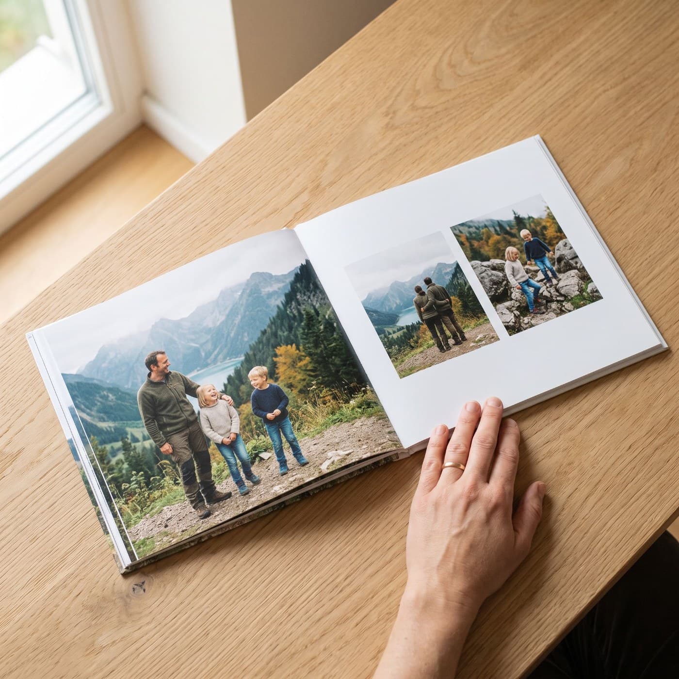 „Familienreise" aufgeschlagen — fertiges Seitenlayout