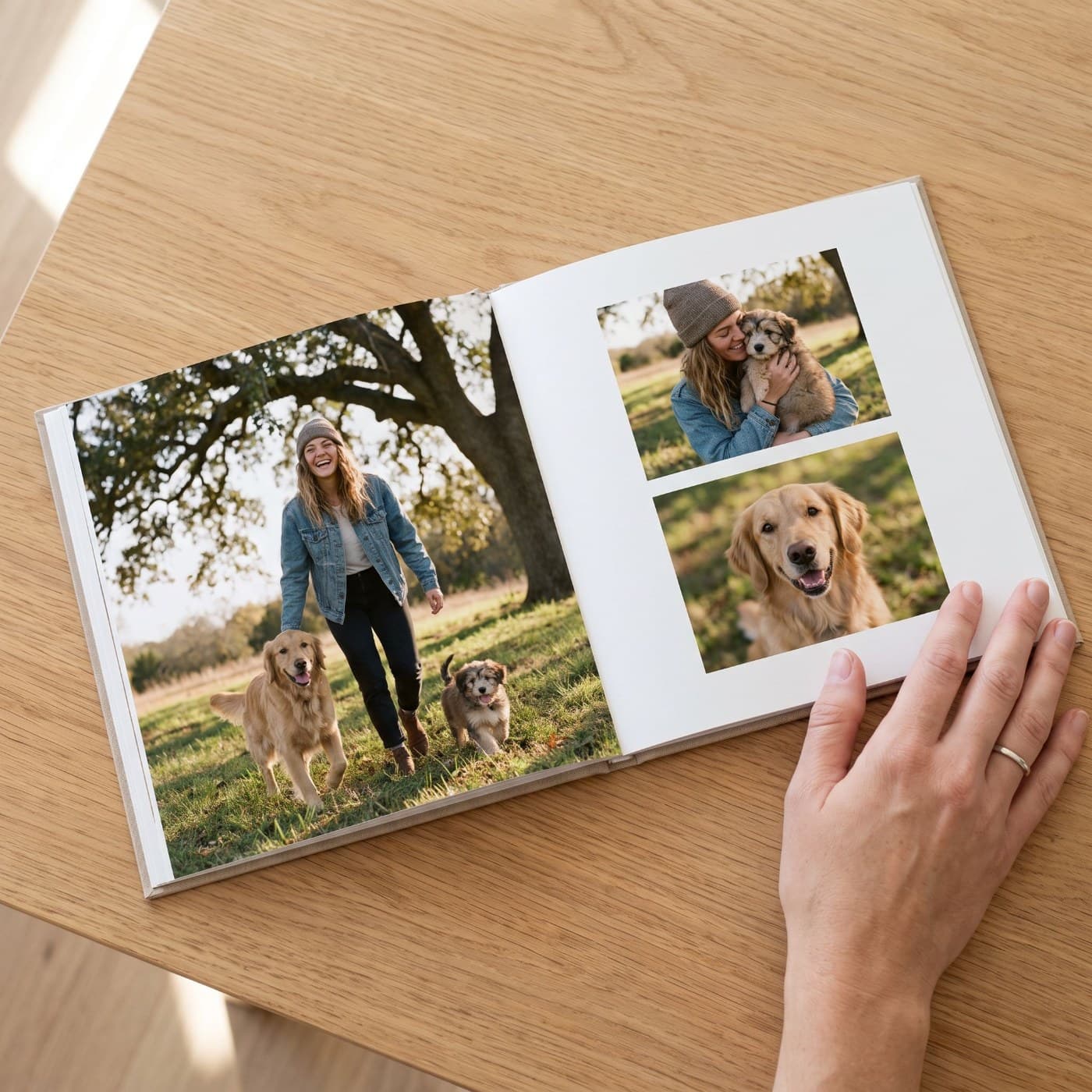 „Furry Friends" aufgeschlagen — fertiges Seitenlayout