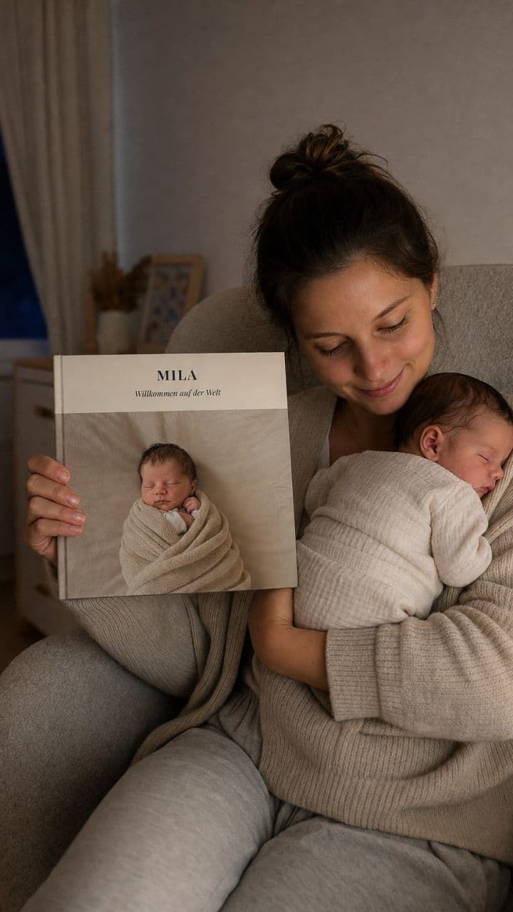 Mutter im Kinderzimmer, das Baby auf der Brust, mit dem Babyalbum „Mila“