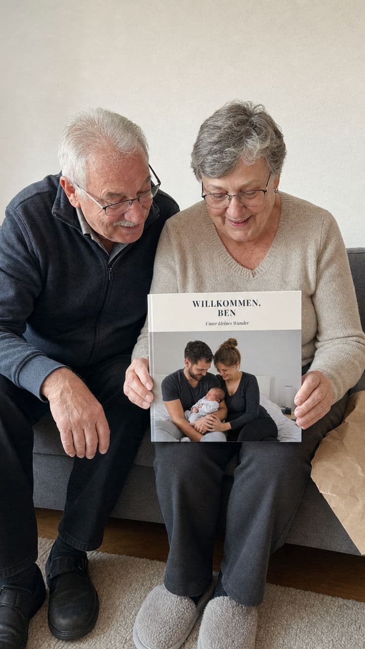 Großeltern auf dem Sofa mit dem ausgepackten Babyalbum „Willkommen, Ben“