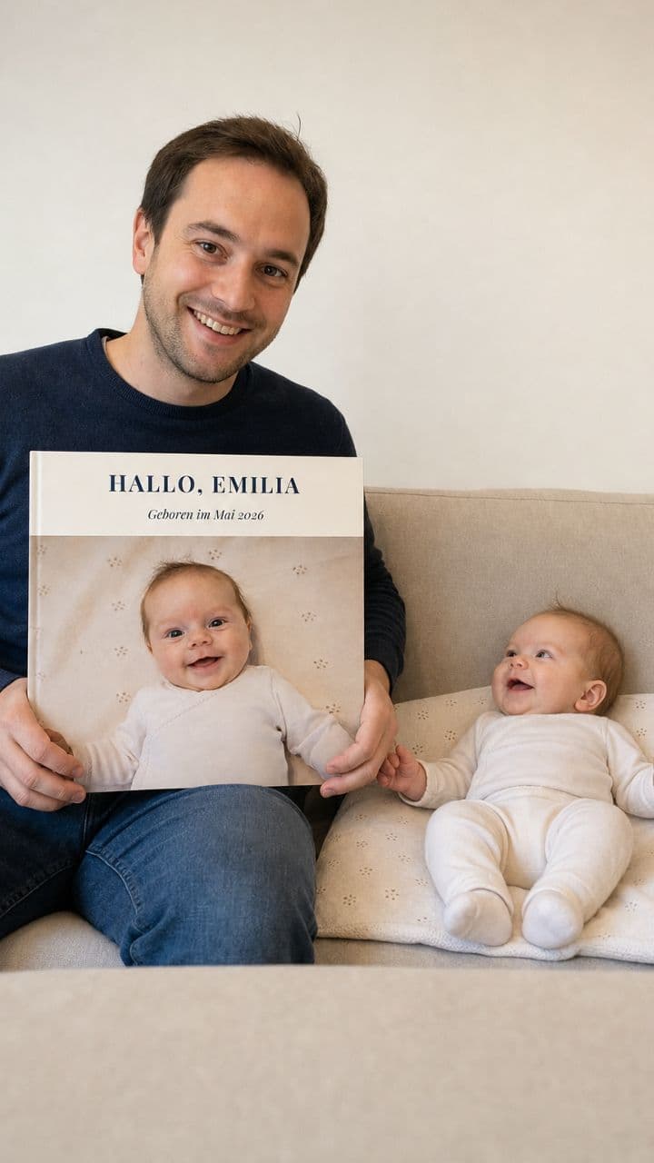 Tēvs uz dīvāna blakus mazulim ar mazuļa albumu „Hallo, Emilia“