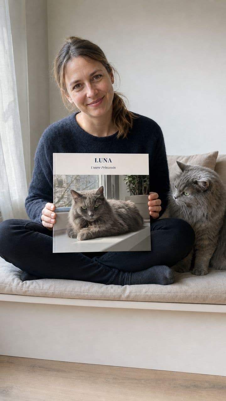 Frau am Fenster mit ihrer Katze und dem Fotobuch „Luna“