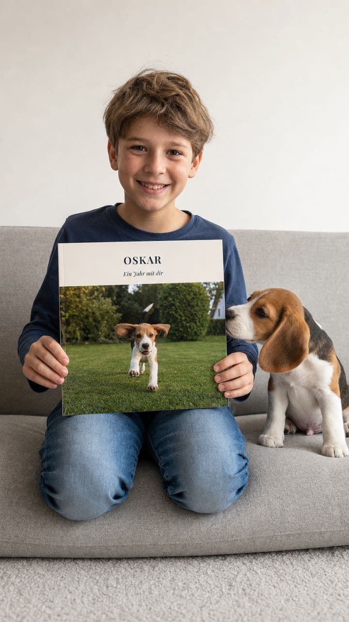 Junge mit Beagle-Welpen und dem Fotobuch „Oskar“