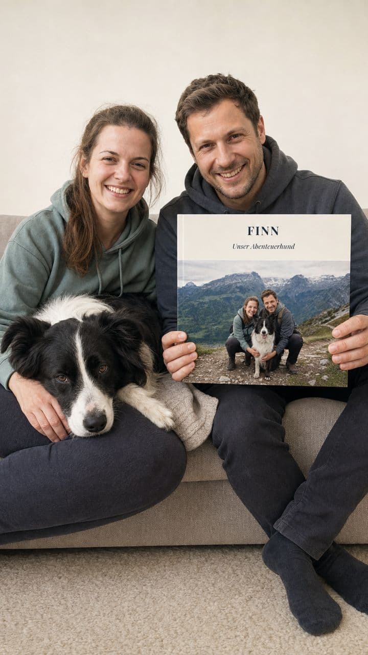 Paar mit Border Collie auf dem Sofa und dem Fotobuch „Finn“