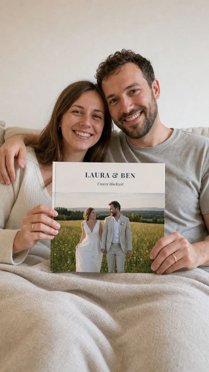 Jaunlaulātie uz dīvāna ar kāzu albumu „Laura & Ben“