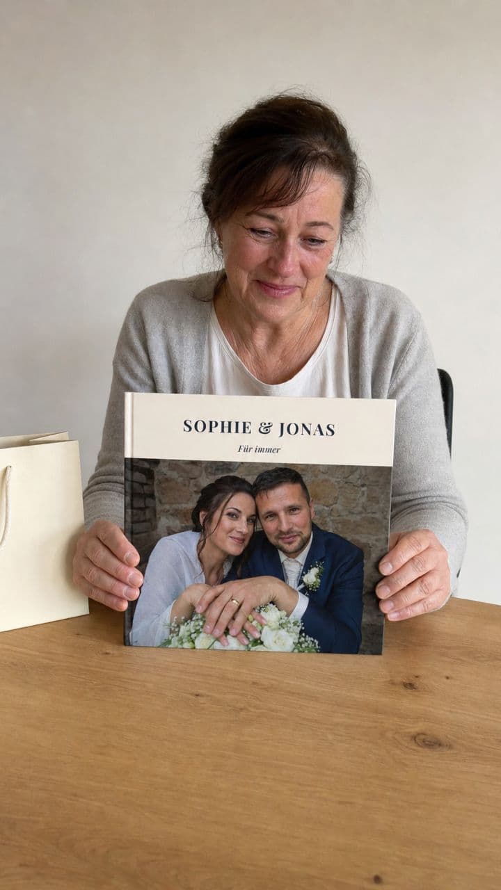 Līgavas māte pie ēdamgalda ar dāvināto kāzu albumu „Sophie & Jonas“