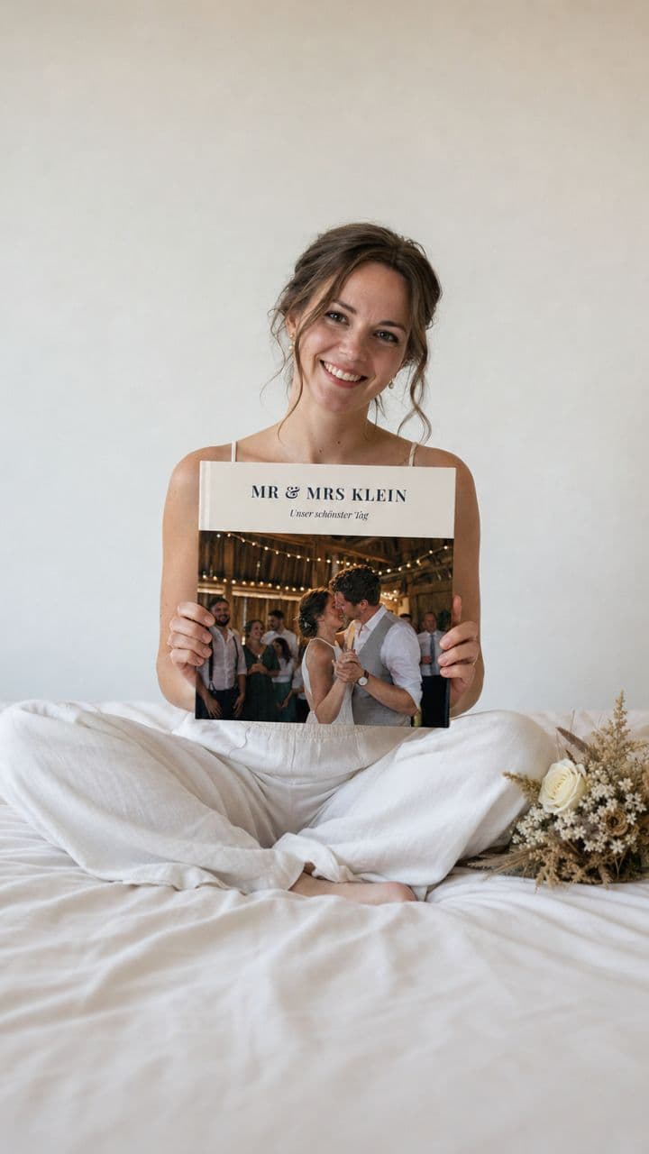 Jauna sieviete uz gultas ar kāzu albumu „Mr & Mrs Klein“ un savu līgavas pušķi