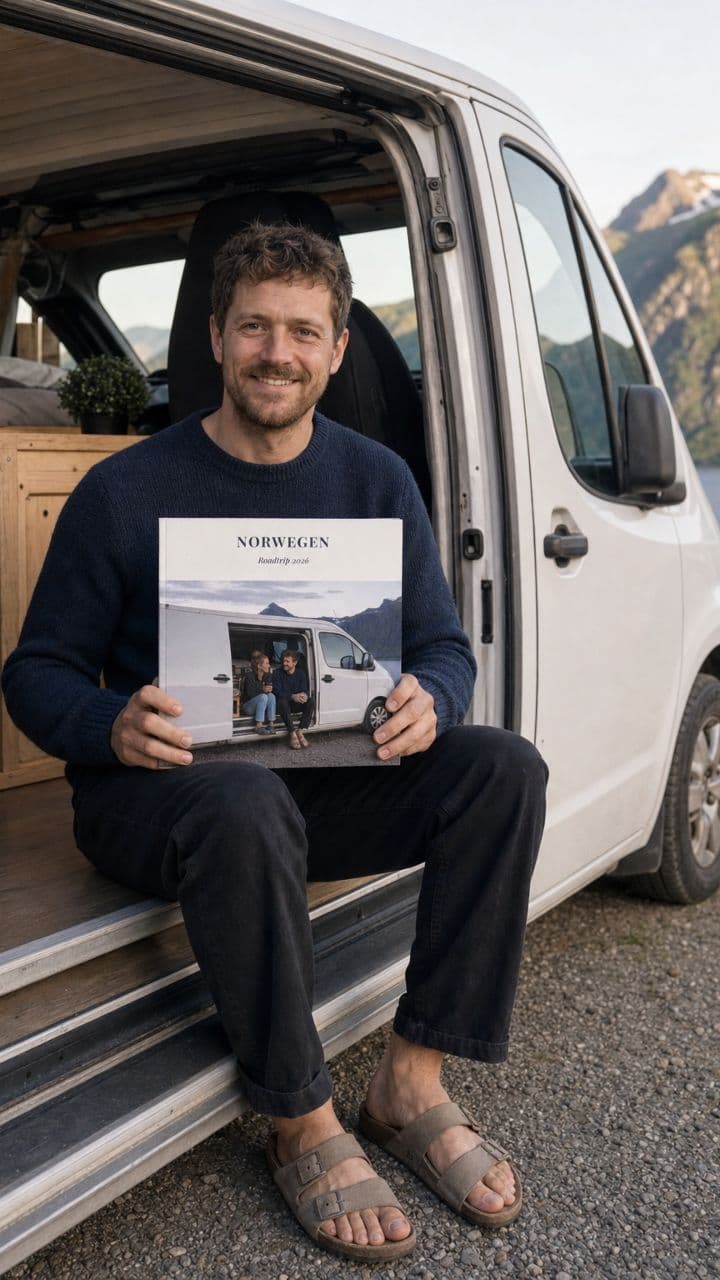 Mann in der Tür seines Campers mit dem Reisefotobuch „Norwegen“