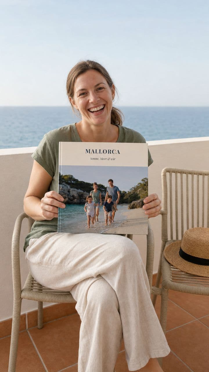 Frau auf einem Balkon am Meer mit dem Reisefotobuch „Mallorca“