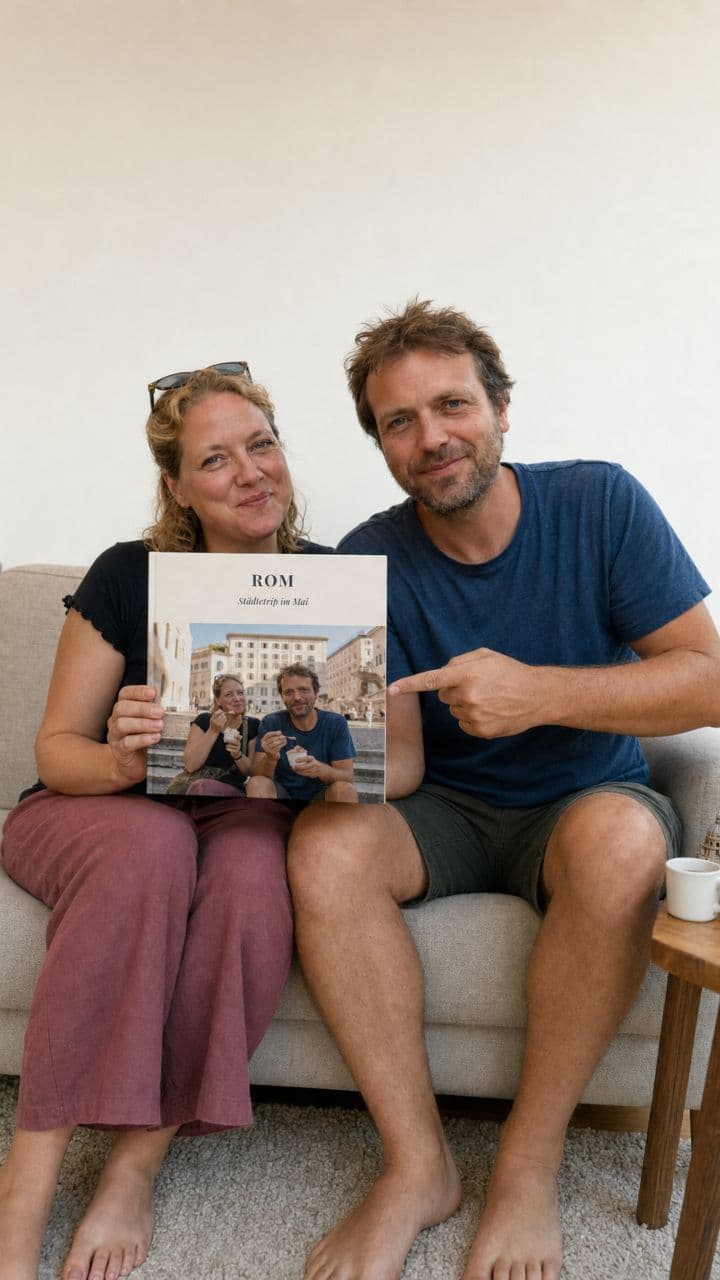 Paar auf dem Sofa mit dem Reisefotobuch „Rom“