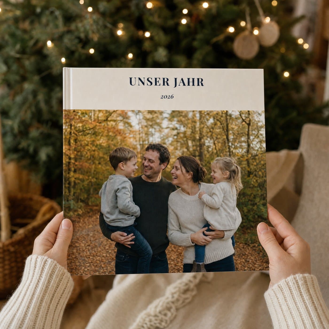 Fotobuch „Unser Jahr" in zwei Händen vor dem Weihnachtsbaum