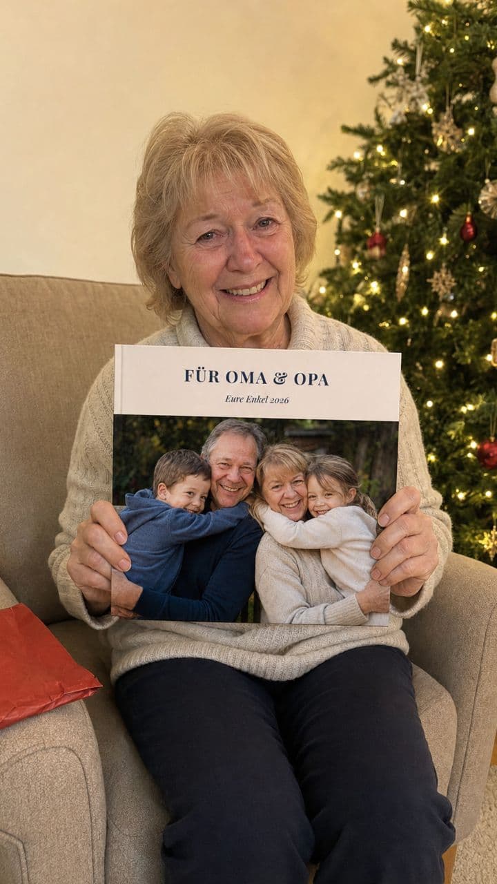 Avó junto à árvore de Natal com o fotolivro «Für Oma & Opa» acabado de desembrulhar