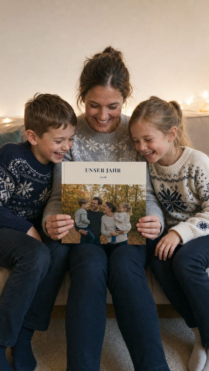 Mutter und zwei Kinder in Weihnachtspullis mit dem Fotobuch „Unser Jahr“