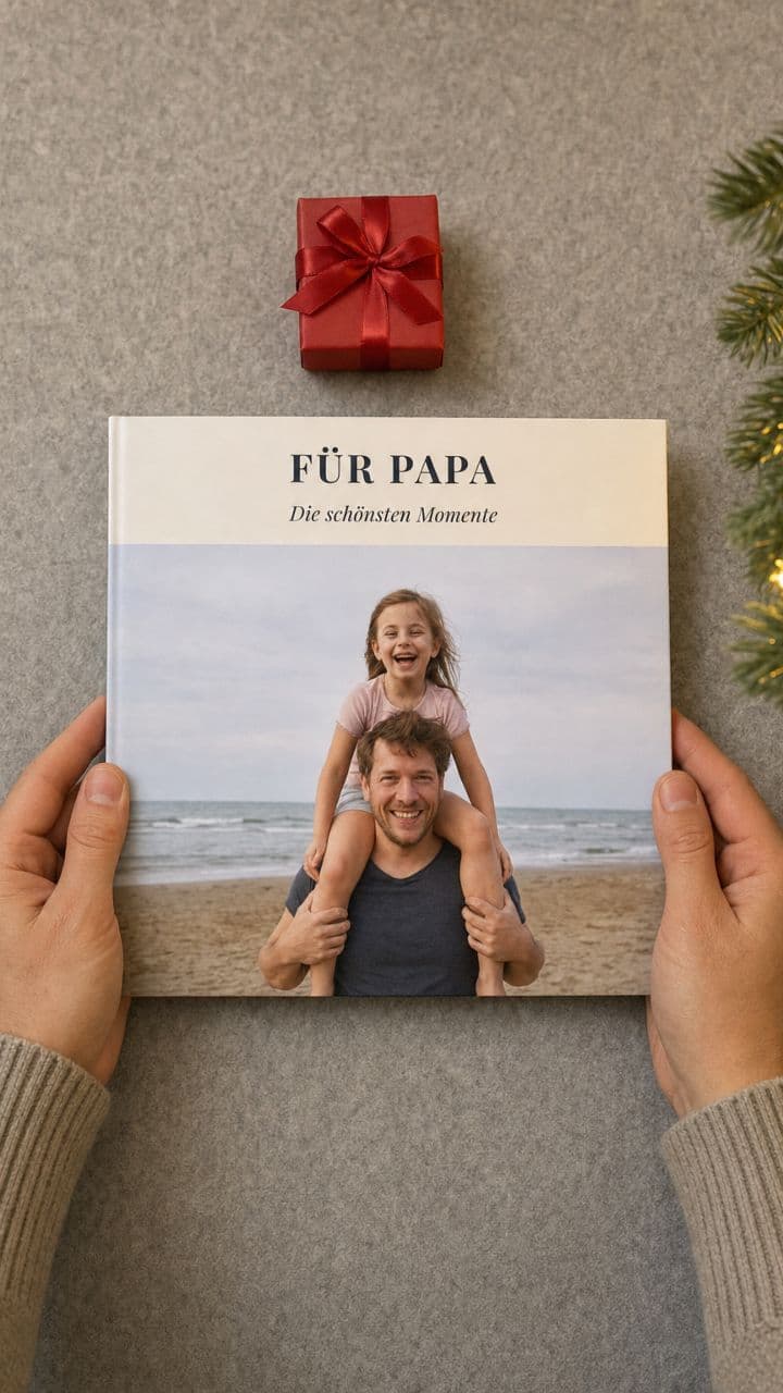 Zwei Hände halten das Fotobuch „Für Papa“ neben einem Geschenk und Tannenzweigen