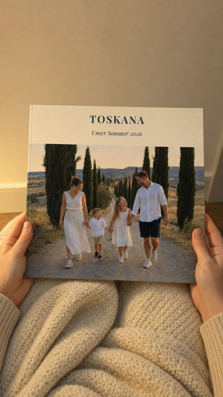 Zwei Hände halten das Fotobuch „Toskana“ auf dem Sofa