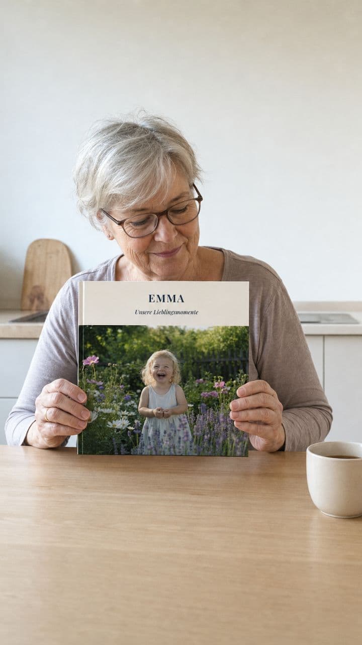 Ältere Frau am Küchentisch mit dem Fotobuch ihrer Enkelin
