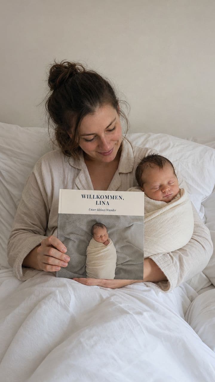 Mutter mit Neugeborenem im Arm und dem Fotobuch „Willkommen, Lina“