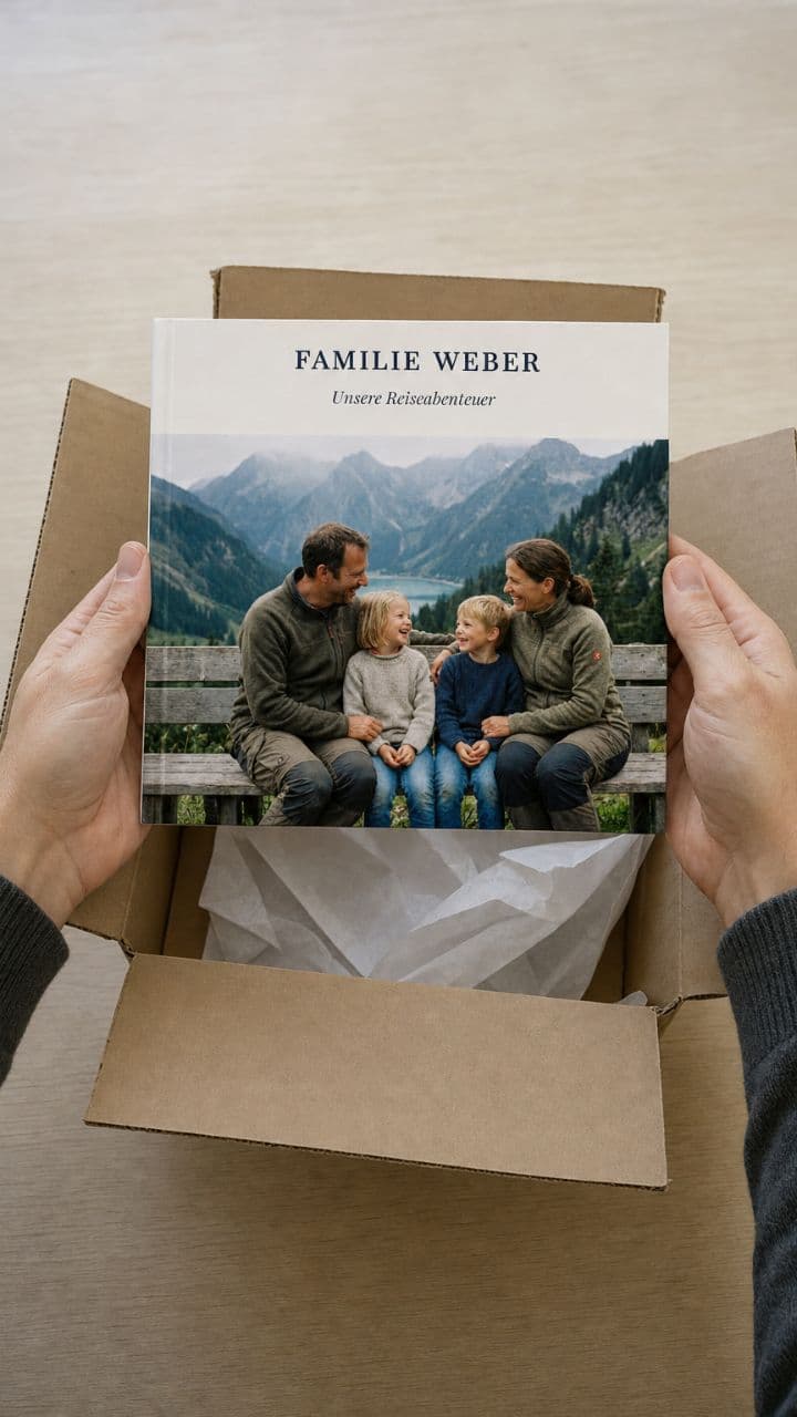 Hände heben das Fotobuch „Familie Weber“ aus dem Versandkarton
