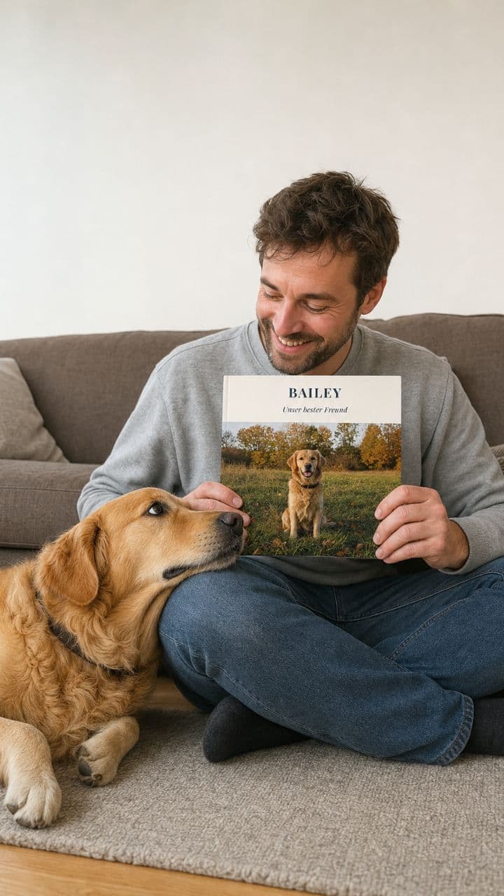 Mann mit Golden Retriever und dem Fotobuch über seinen Hund