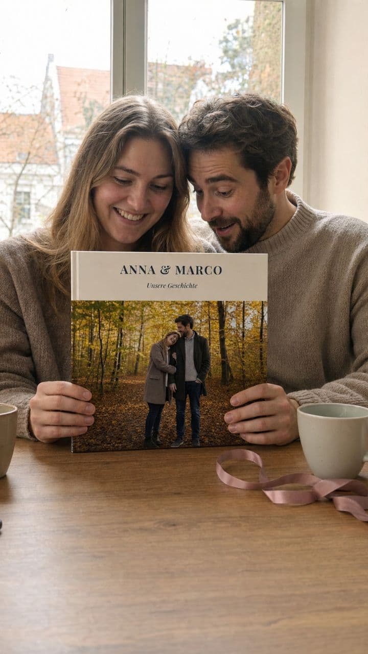 Paar am Fenstertisch mit dem Fotobuch „Anna & Marco“