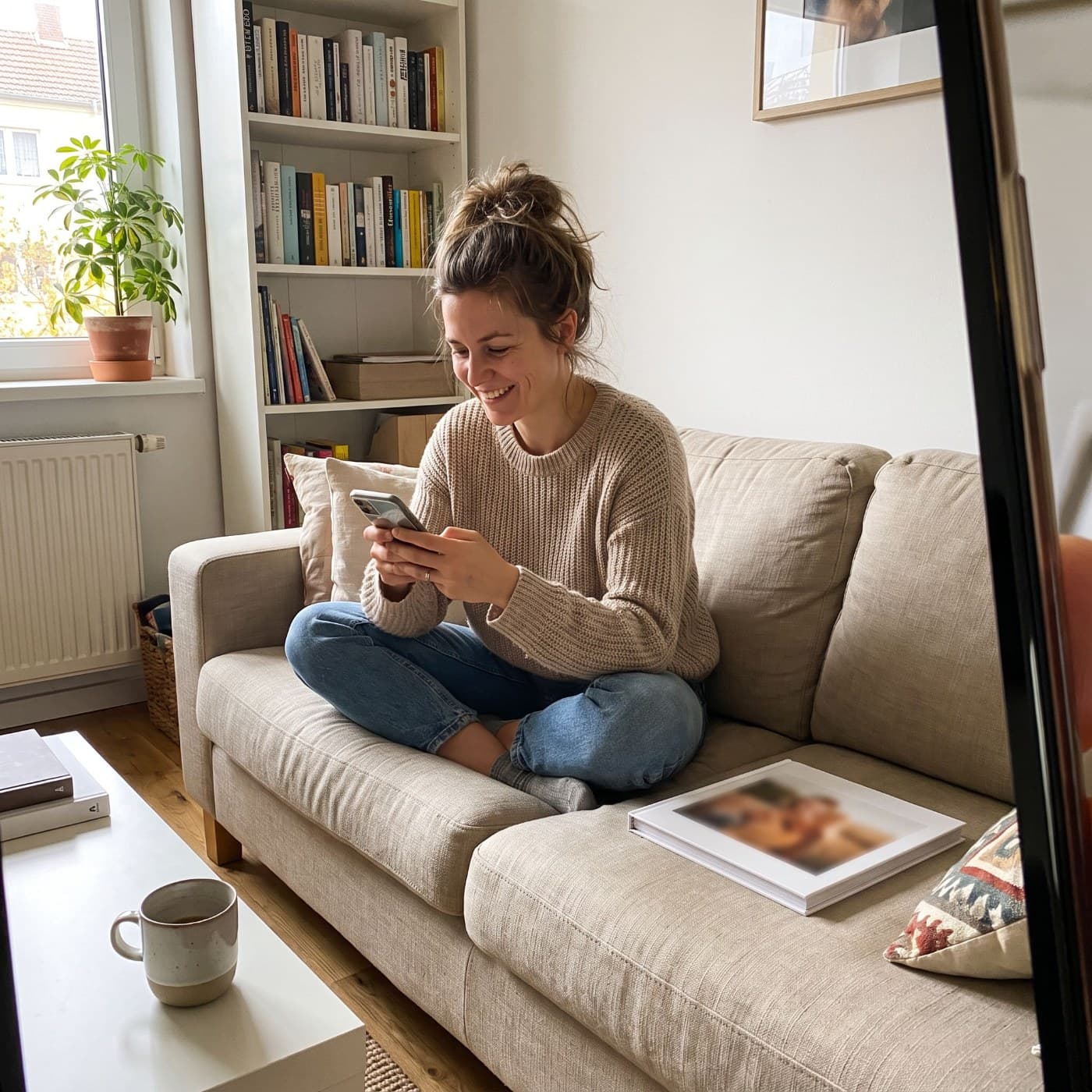 Frau sucht auf dem Sofa am Handy Fotos aus, daneben liegt ihr Fotobuch