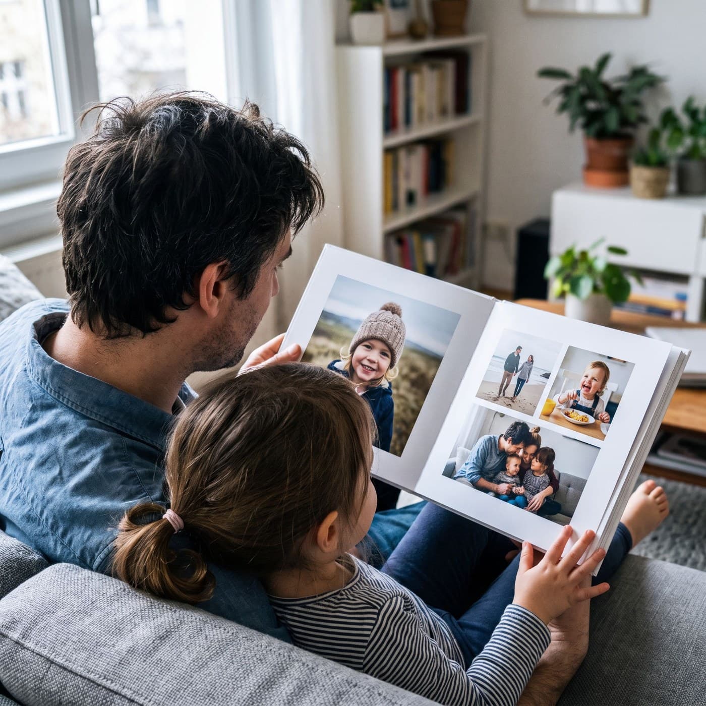 Vater und Tochter schauen gemeinsam ihr Fotobuch an