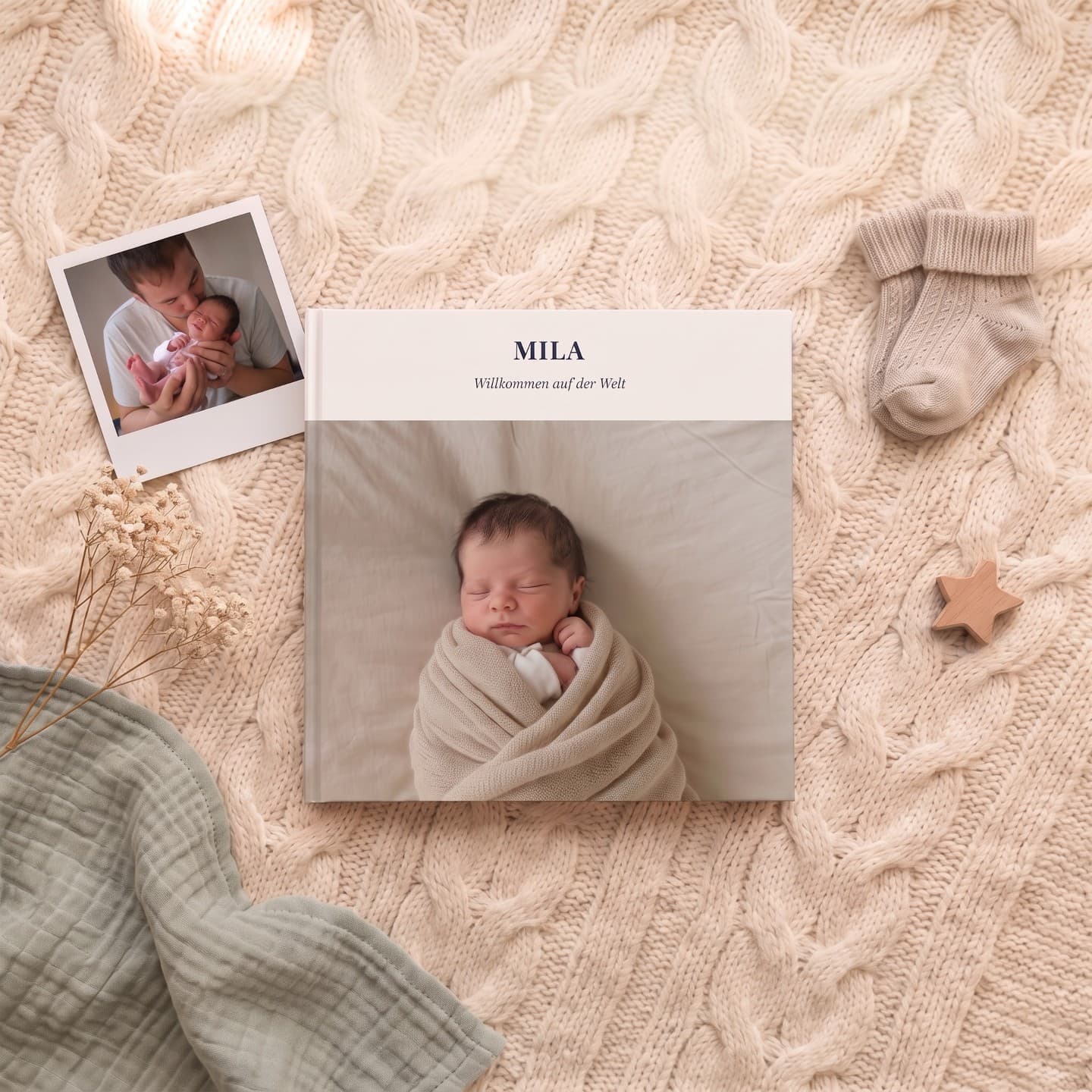 Babyalbum „Mila" auf einer Strickdecke, daneben ein Sofortbild, Babysöckchen und ein Holzstern