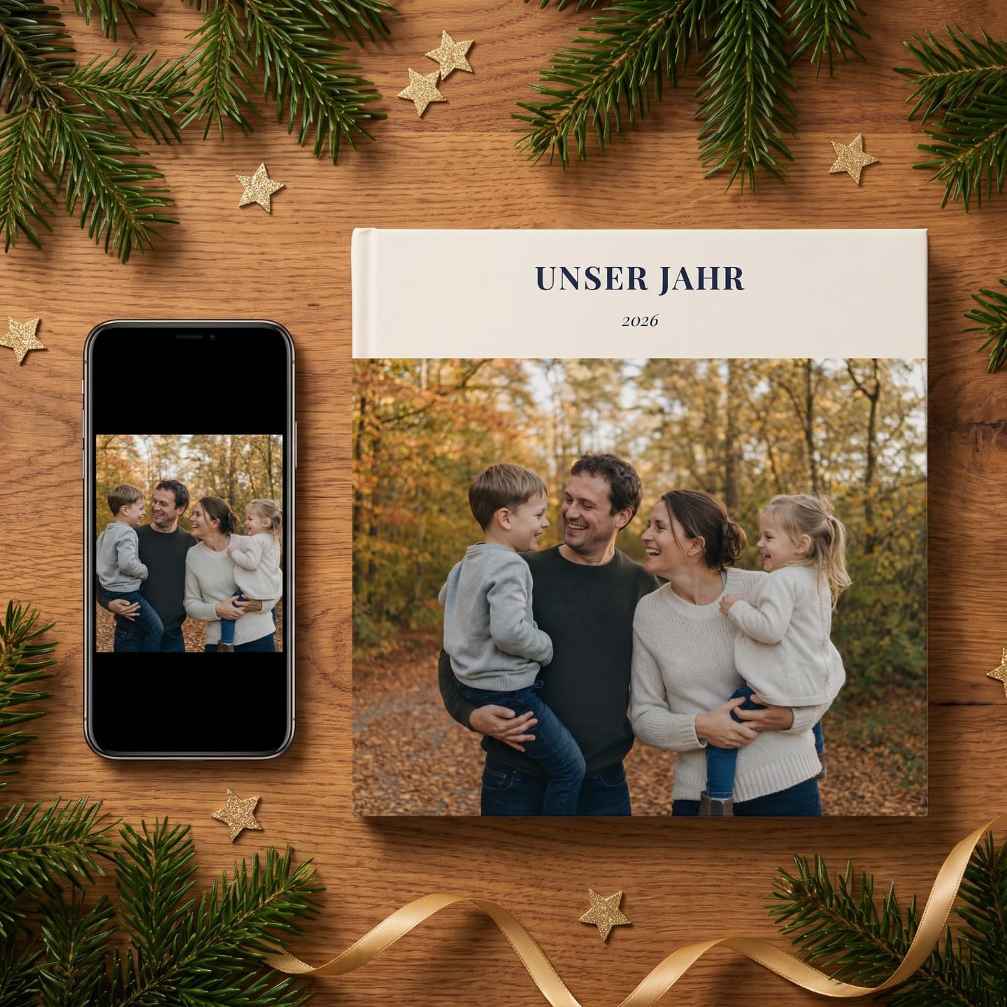 Fotobuch „Unser Jahr" zwischen Tannenzweigen, daneben ein Handy mit demselben Foto
