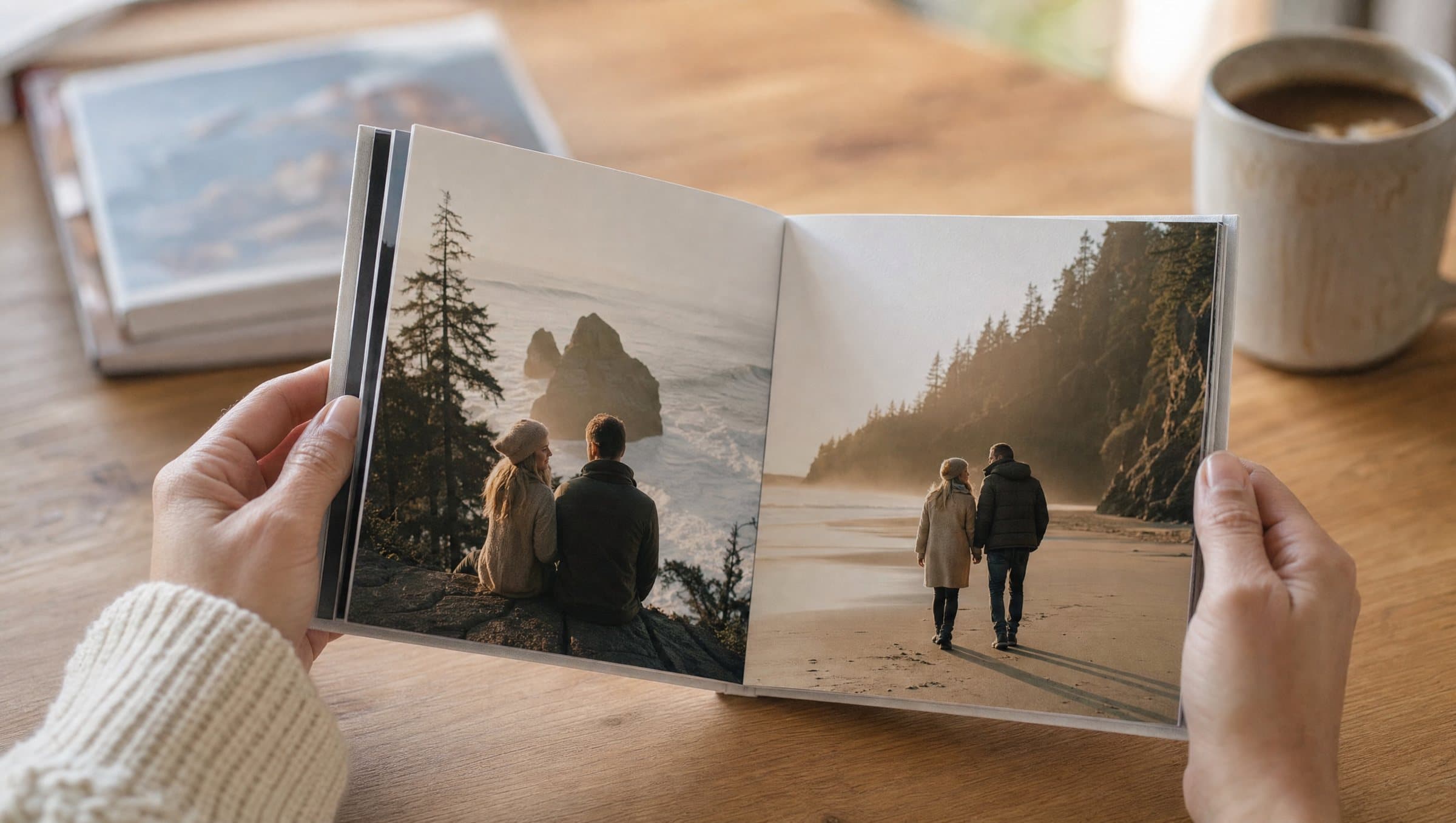 Aufgeschlagenes Fotobuch mit Urlaubsbildern