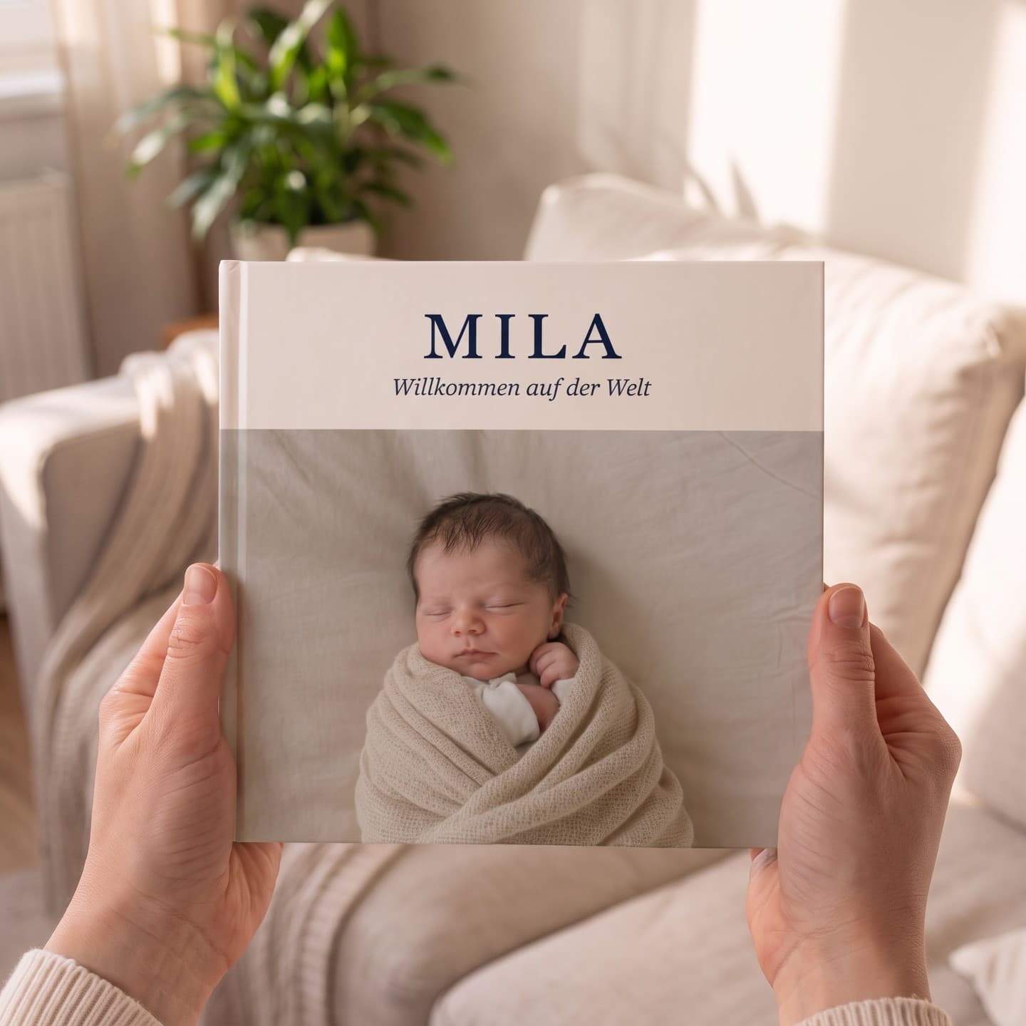 Babyalbum „Mila" in zwei Händen, dahinter ein helles Wohnzimmer