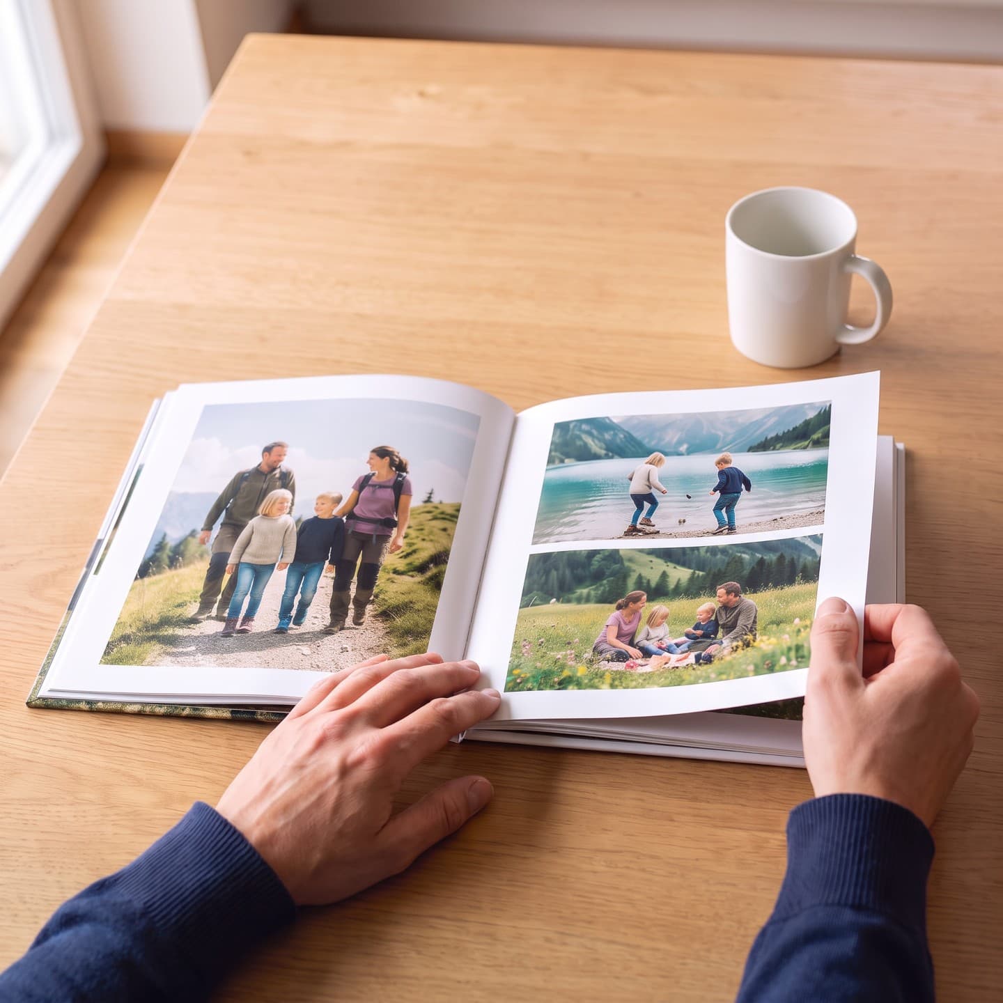 Opengeslagen fotoboek op de keukentafel: witte pagina’s, familiefoto’s uit de bergen met witte rand
