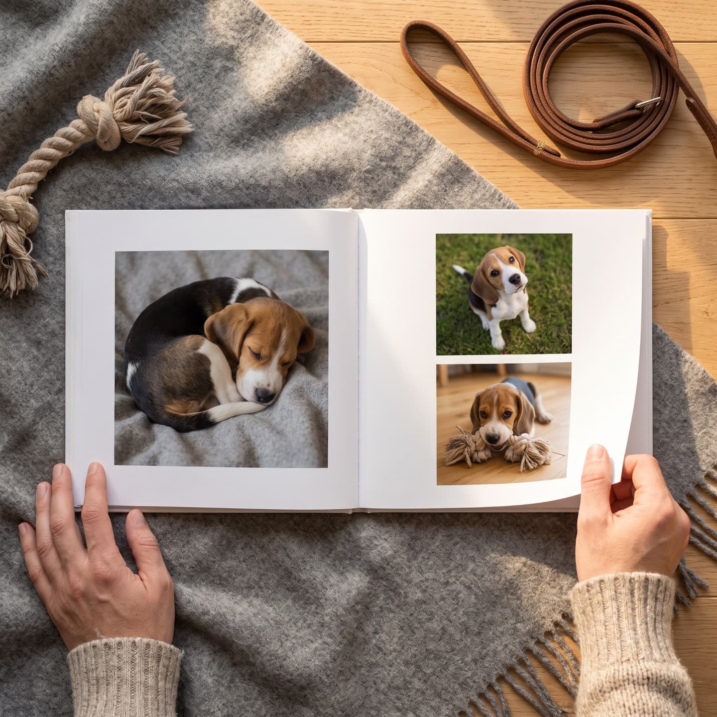 Fotoboken uppslagen på en filt: vita sidor, bilder på en beaglevalp med vit kant