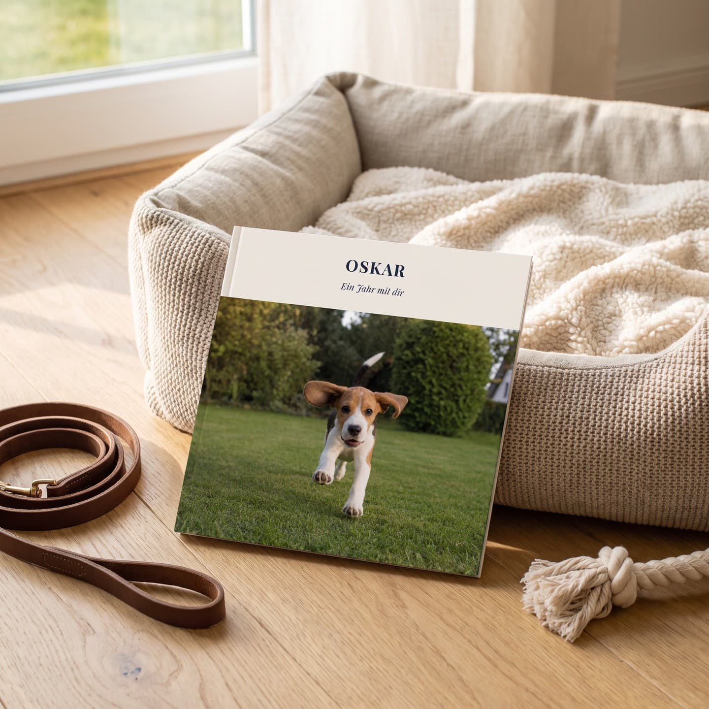 Tierfotobuch „Oskar" am Hundekorb, daneben Leine und Seilspielzeug