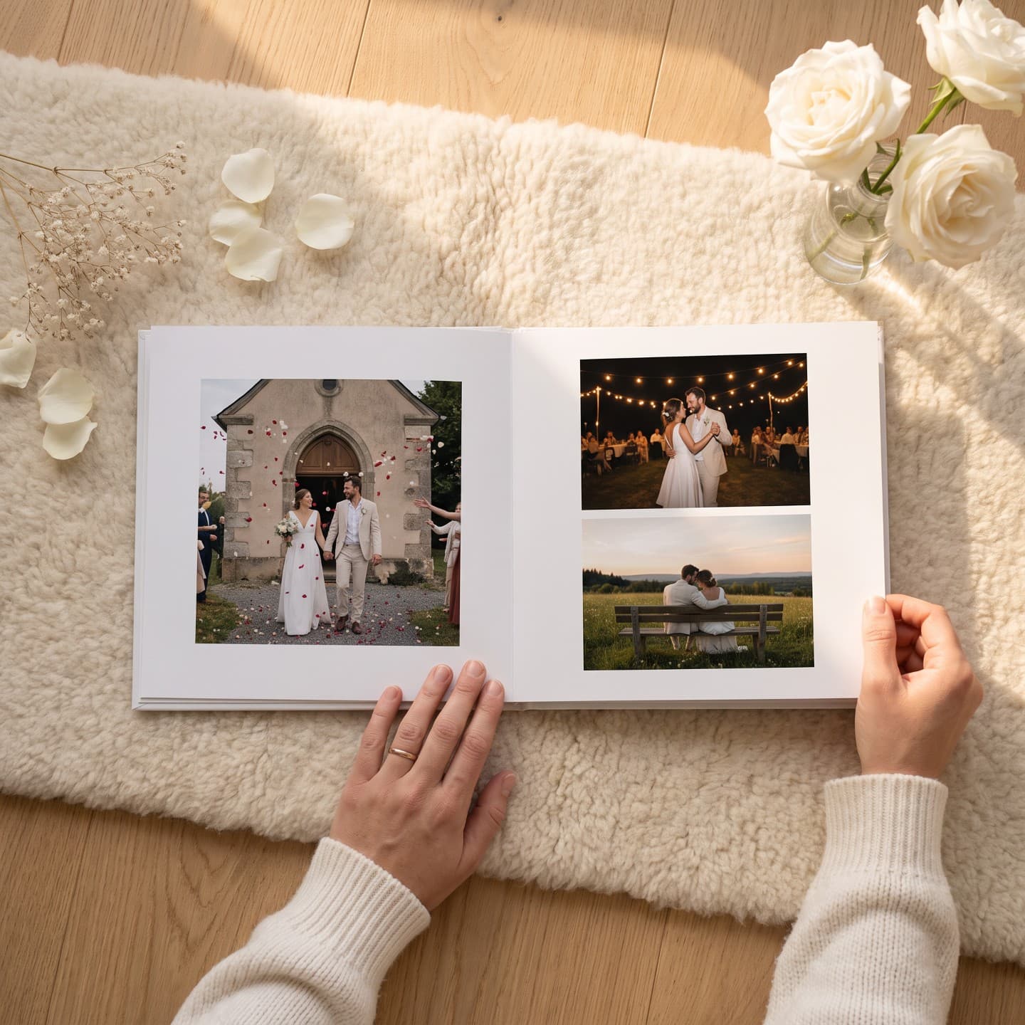 Hochzeitsalbum aufgeschlagen auf dem Esstisch: weiße Seiten, Hochzeitsfotos mit Rand