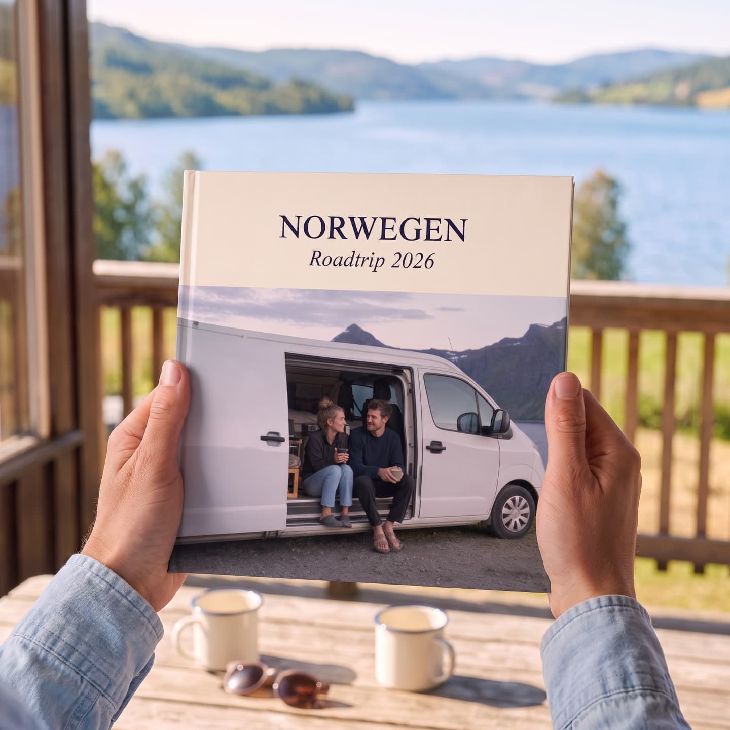 Ceļojuma fotogrāmata „Norwegen“ divās rokās uz terases pie ezera