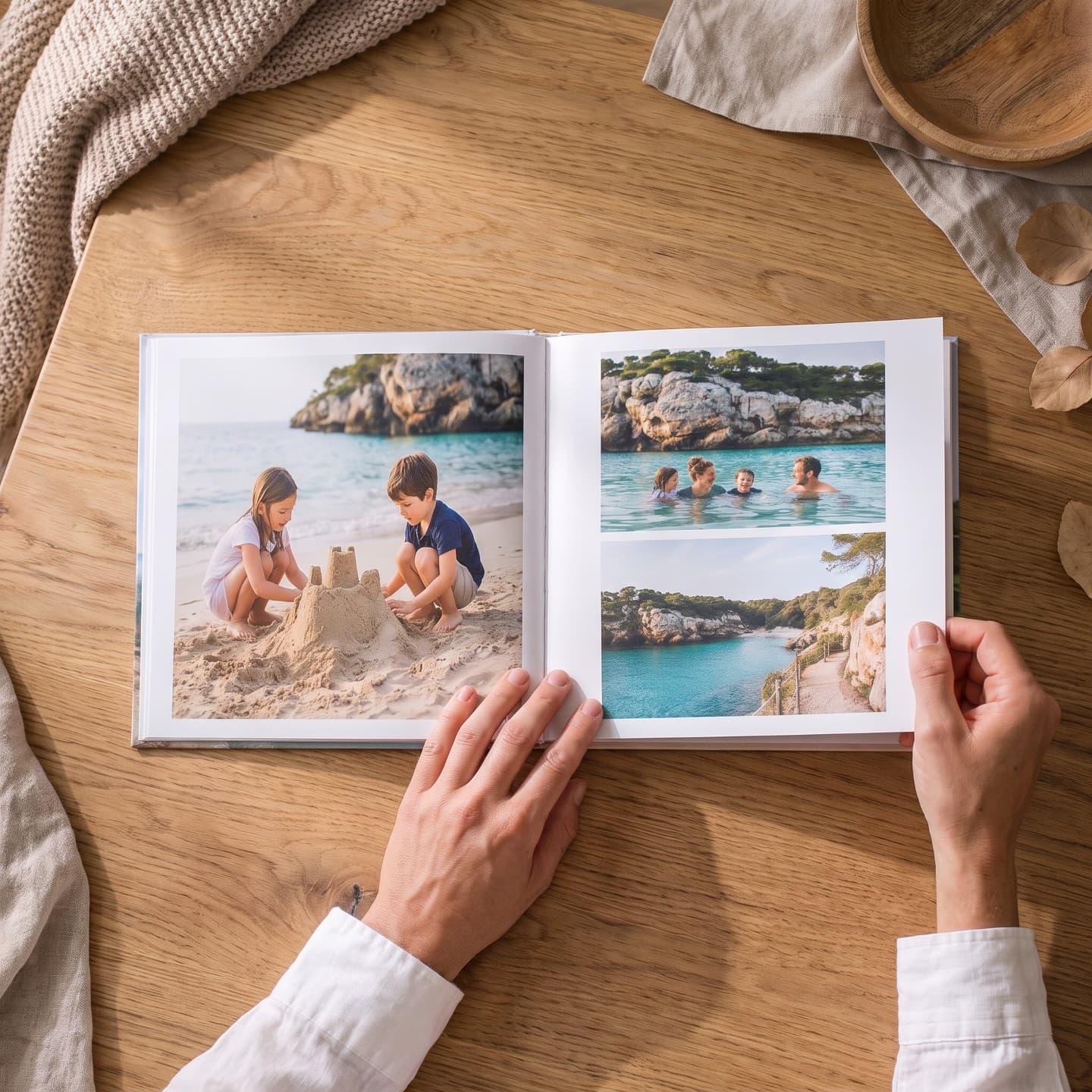 Reisefotobuch aufgeschlagen auf dem Tisch: weiße Seiten, Urlaubsfotos aus einer Badebucht mit Rand