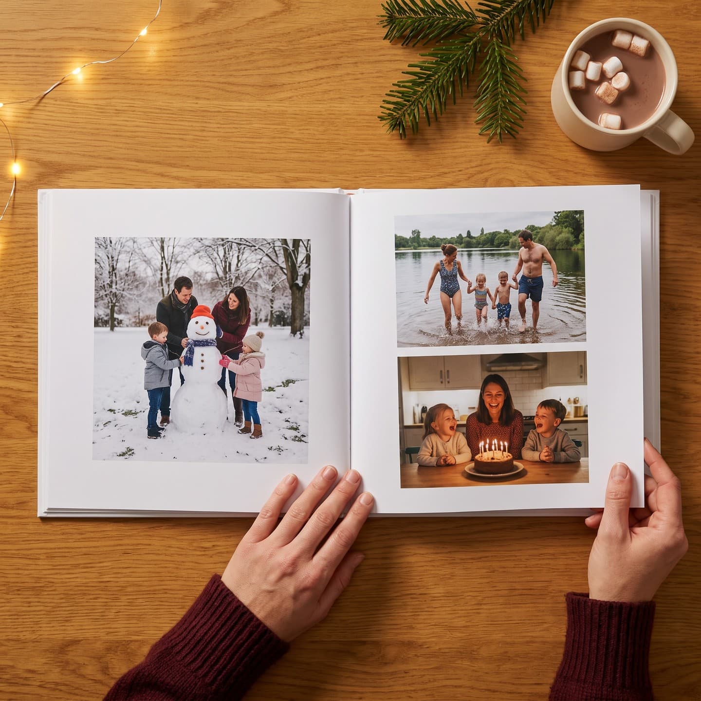 Fotobuch aufgeschlagen am Abend: weiße Seiten, Familienfotos des Jahres mit Rand