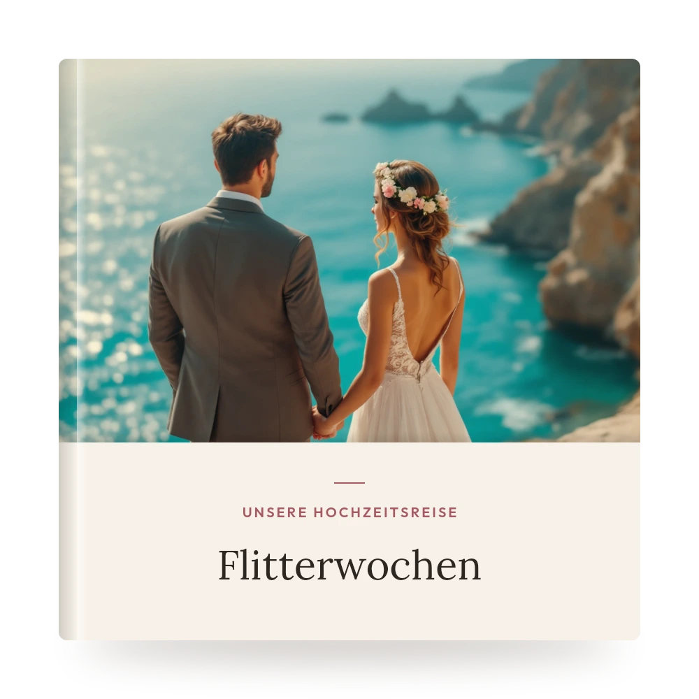 Flitterwochen-Fotobuch – Beispiel-Cover mit eigenem Foto und Titel